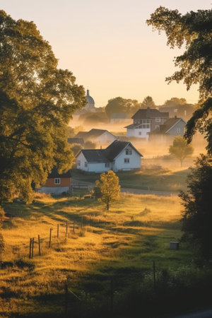 Generative AI : View of small swedish european town Soderhamn at sunriseの素材