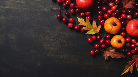 Generative AI : Grunge textured natural seasonal autumn background with small fallen red apples and leavesの素材