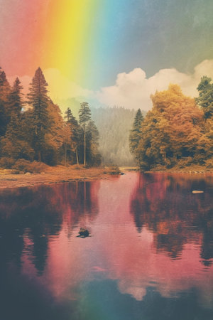 Generative AI : beautiful landscape with rainbow retro film filtered instagram styleの素材