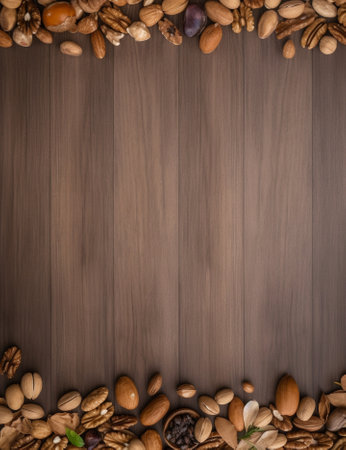 Generative AI : Background from various kinds of nuts almond hazelnut cashew Brazil nutの素材