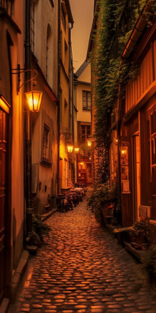 Generative AI : The narrow street of Gamla Stan historic city old center of Stockholm at summer night with lanternsの素材