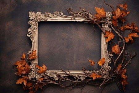 Generative AI : autumn leaves and old photo frameの素材