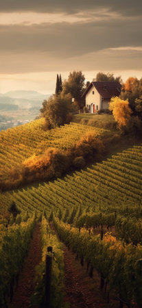 Generative AI : Slovenian and Austrian wine road among vineyards in Slovenia at sunset Scenic landscape and nature near Maribor in Slovenijaの素材