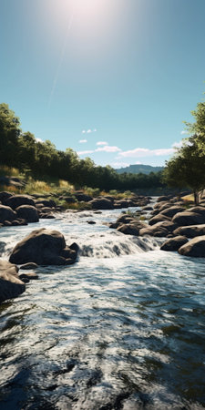 Generative AI : Mountain fast flowing river stream of water in the rocks with blue skyの素材