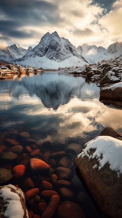Generative AI : Scenic view of beautiful winter lake with snowy mountains at Lofoten Islands in Northern Norway Blsck and whiteの素材