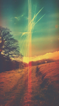 Generative AI : country road in the fields bright fantasy background retro film filtered instagram styleの素材