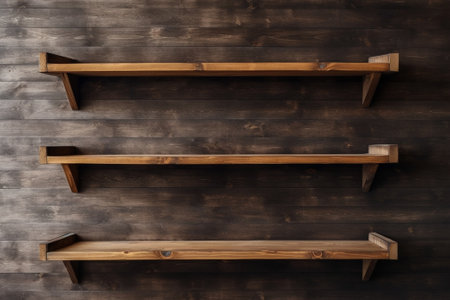 Generative AI : empty shelves on wooden wallの素材