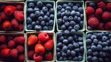 Generative AI : Fresh blueberry and raspberry in plastic box at market local food healthy background in vintage hipster styleの素材