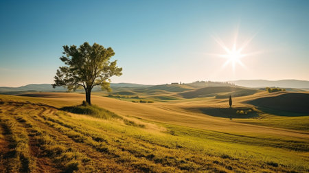 Generative AI : Wavy fields in Tuscany at sunset Italy Natural outdoor seasonal autumn background with sun shining Panoramic viewの素材