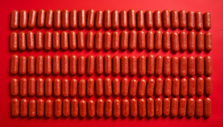 Generative AI : Sausage background texture pattern from sausage slicesの素材