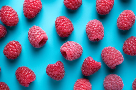 Generative AI : Fresh raspberry on the blue wooden rustic desk with green summer herbsの素材