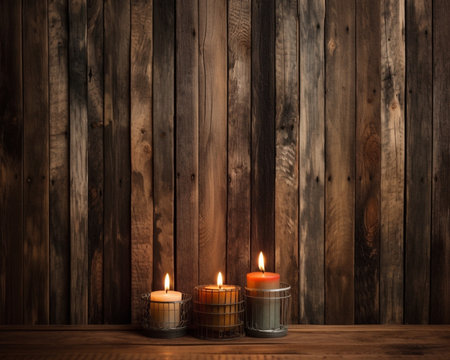 Generative AI : burning candle on a wooden tableの素材