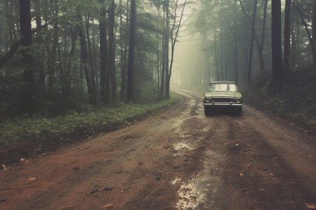 Generative AI : beautiful sunset in the foggy forest dirty road retro film filtered instagram styleの素材