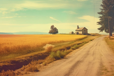 Generative AI : country road in the fields retro filtered instagram styleの素材