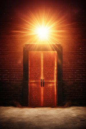 Generative AI : old brick wall with opened door to sunset skyの素材
