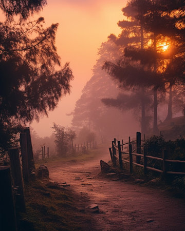 Generative AI : sunset in the foggy woods after rainの素材