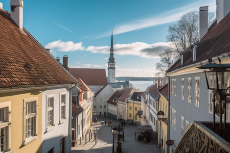 Generative AI : Aerial View of Tallinn Old Town View from above to the center part of capital of Estonia Travel destination conceptの素材