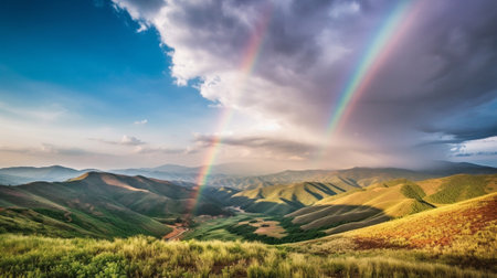 Generative AI : Beautiful mountain valley with green hills and huge rainbow in summer Natural outdoor travel background Carpatians Ukraineの素材