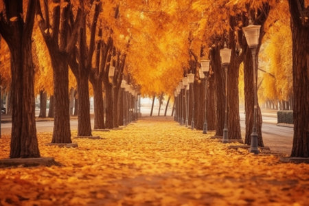 Generative AI : Autumn sunny park with orange trees and empty alley natural seasonal backgroundの素材