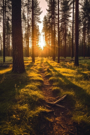 Generative AI : beautiful sunset in the woods retro film filtered instagram styleの素材