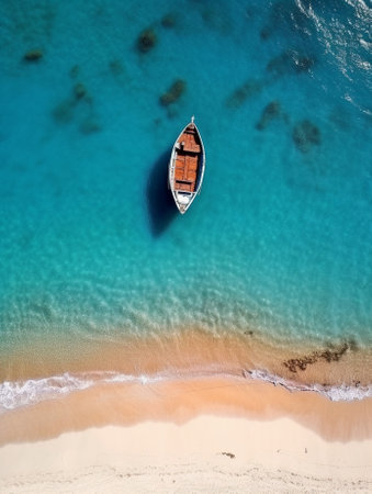 Generative AI : Beautiful caribbean beach on Saona island Dominican Republic Aerial abstract view of tropical idyllic summer landscape with blue sea water white sand and single boaの素材