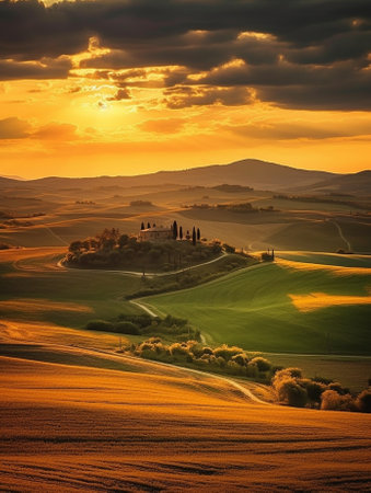 Generative AI : Popular photography and touristic location in Tuscany amazing Vitaleta chapel at colorful sunset Pienza Tuscany Italy Europe Travel backgroundの素材