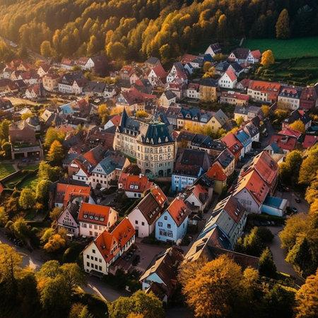 Generative AI : View to the colorful roofs and houses with garden of Vysegrad in Prague Czech Republic at autumn aerial image travel seasonal backgroundの素材