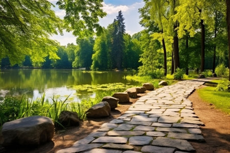 Generative AI : Green sunny spring scandinavian park with hiking trail tranquil natural seasonal backgroundの素材