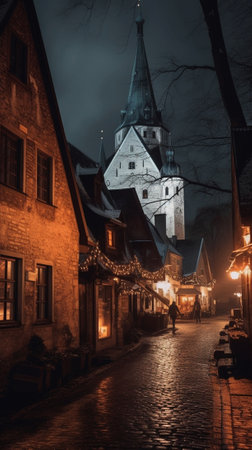 Generative AI : View to the european city Tallinn after sunset in twilight travel outdoor background Wall of the Old Townの素材