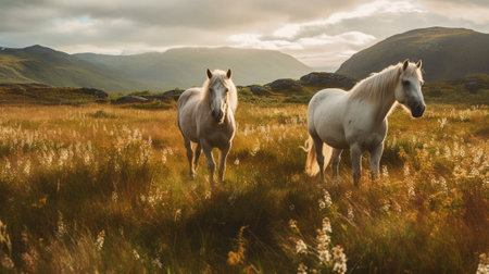 Generative AI : Couple of icelandic chestnut horses grazing on the green meadow in Icelandの素材