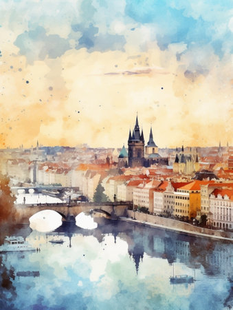Generative AI : Morning sunny view of famous european Prague city the capital of Czech republic with reflection in river Vltava and historical bridgesの素材