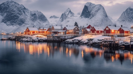 Generative AI : Landscape with beautiful winter lake snowy mountains and pier with fishing boats at Lofoten Islands in Northern Norway Panoramic viewの素材