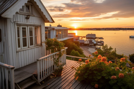 Generative AI : View of small swedish european town Soderhamn at sunsetの素材