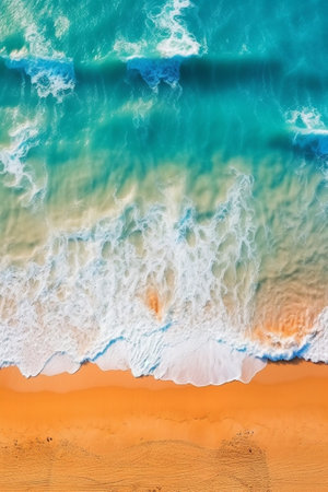Generative AI : Abstract sea beach background Creative minimal beach concept Summer vacation layout with blue water wave and sand on bright background Flat lay Greece landscapeの素材