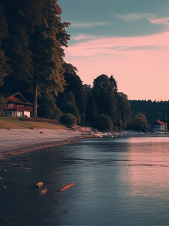 Generative AI : beautiful landscape with trees sky and water retro film filtered instagram styleの素材