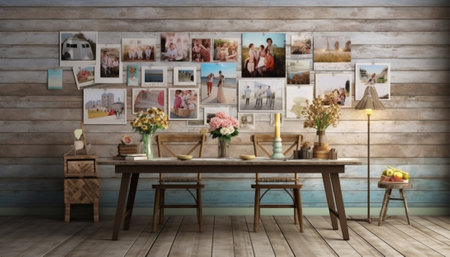 Generative AI : vintage interior with table and photo framesの素材