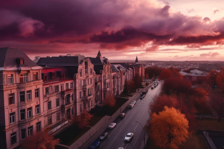 Generative AI : Twilight view of western european city Lviv architecture background in violet colorsの素材