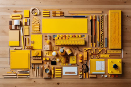 Generative AI : tools and paper against wooden wallの素材