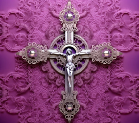 Generative AI : three crosses on the violet abstract background christian symbols as resurrection backgroundの素材
