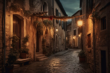 Generative AI : Night view of beautiful Italian medieval Pienza city with lanterns Travel outdoor Tuscany background Dark grungy gothic halloween conceptの素材