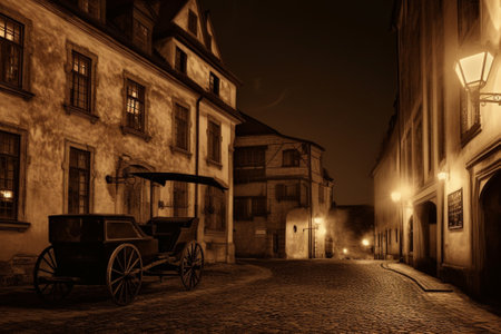 Generative AI : Night view of western european city Lviv architecture background in golden colorsの素材