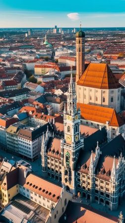Generative AI : Aerial view of Munich over Theatine Church of St Cajetan Theatinerkirche St Kajetan Munich Bavaria Germany in day timeの素材