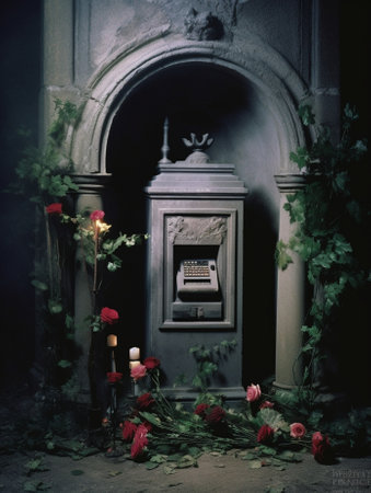 Generative AI : Artificial flowers on the tomb at the cemetery with burning red candleの素材