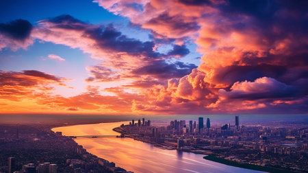Generative AI : Dramatic colorful sunset over Kyiv sea in Vyshgorod Ukraine travel background Big panorama from droneの素材