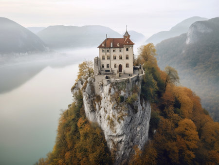 Generative AI : Bled Castle built on top of a cliff overlooking lake Bled located in Bled Sloveniaの素材