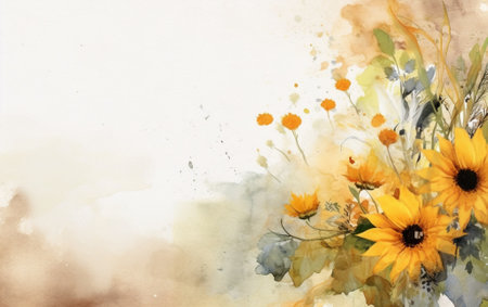 Generative AI : Bouquet of summer meadow flowers with copy space golden floral grunge textured backgroundの素材