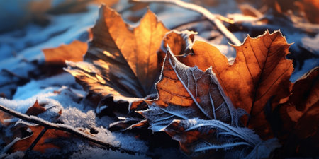 Generative AI : Frozen autumn leaves seasonal vintage winter background macro imageの素材