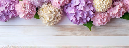 Generative AI : Hydrangea and Dahlia wood box with garden flowers bouquet on white tableの素材