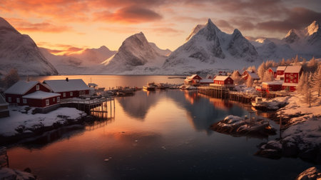 Generative AI : Landscape with beautiful winter lake red rorbu house and snowy mountains at sunset at Lofoten Islands in Northern Norway Panoramic viewの素材