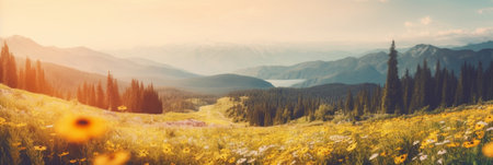 Generative AI : Carpathian mountains summer sunset landscape with grass hills and sunlight vintage hipster amazing backgroundの素材